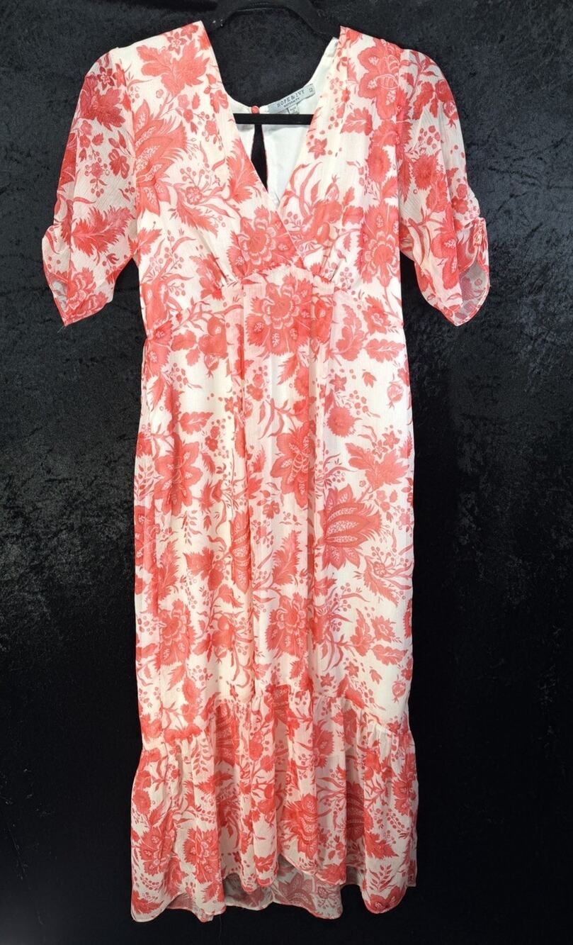 Hope & Ivy White & Coral Floral Maternity Maxi Dress Size 12 Short Sleeve Tie